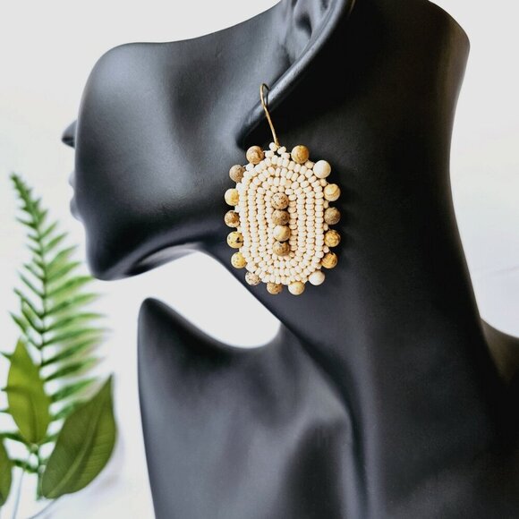 Beaded Tan Bohemian Shield Hoop Earrings | Handmade Indigenous Earrings - Picture 1 of 6